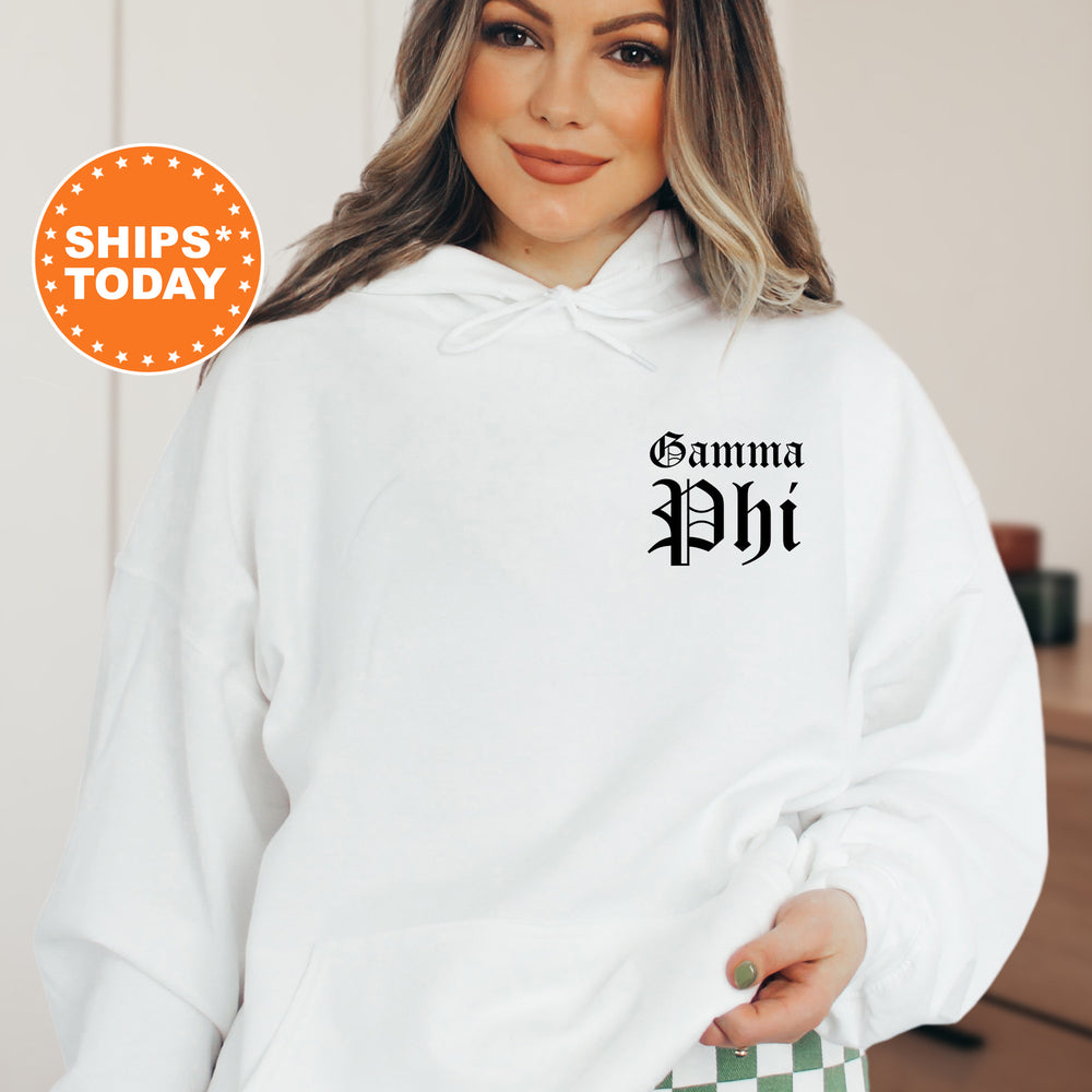 a woman wearing a white hoodie with the words grandma phi on it