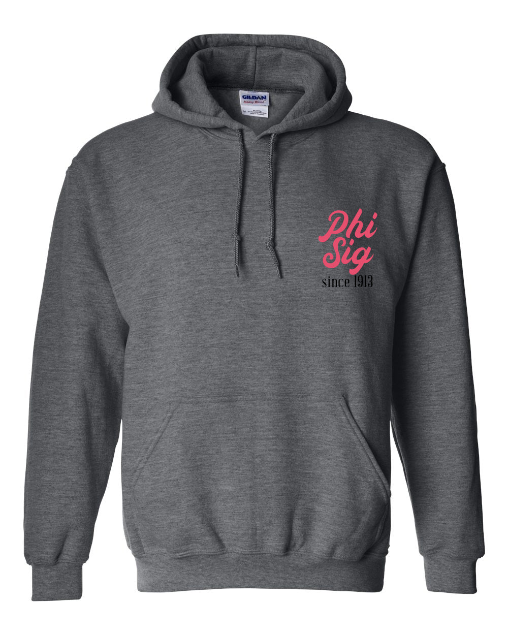 a grey hoodie with pink lettering on the chest