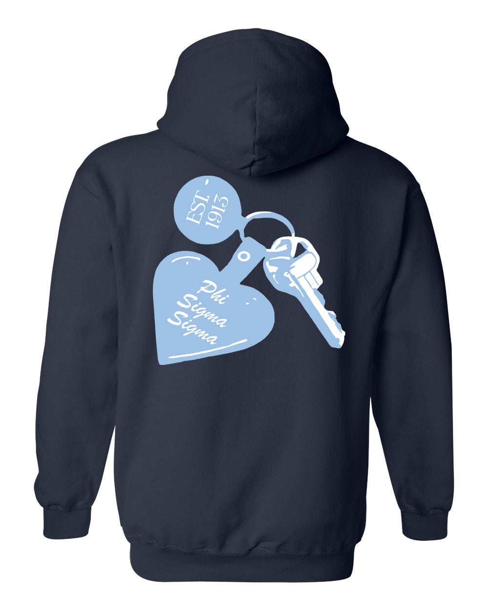 a blue hoodie with a heart and a key hanging from it