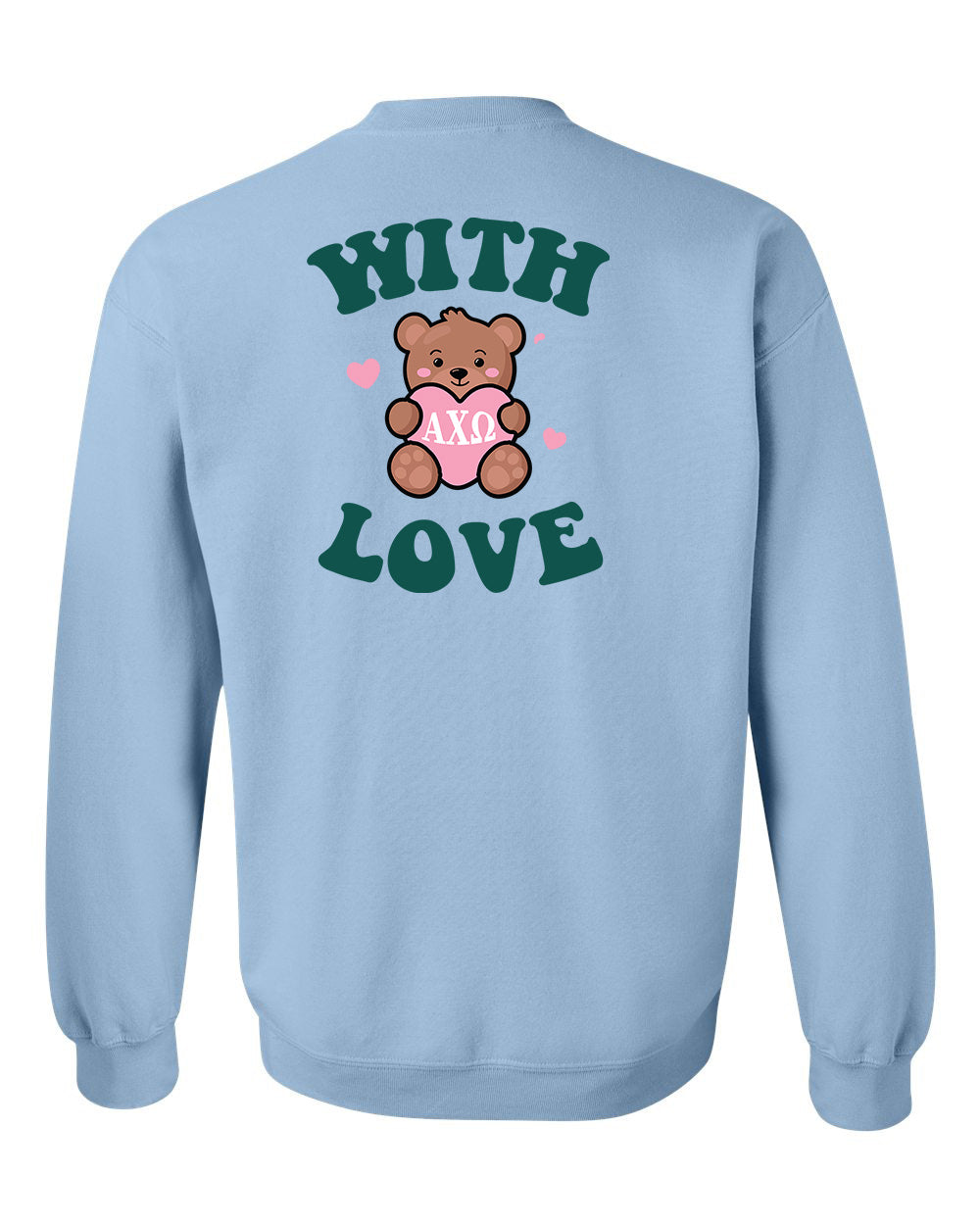 a light blue sweatshirt with a teddy bear on it