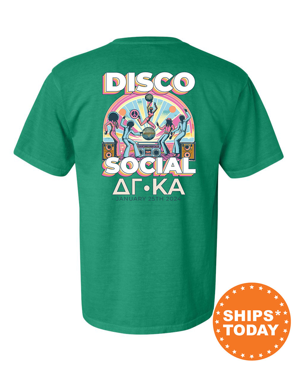 a green t - shirt with the words disco social af ka on it