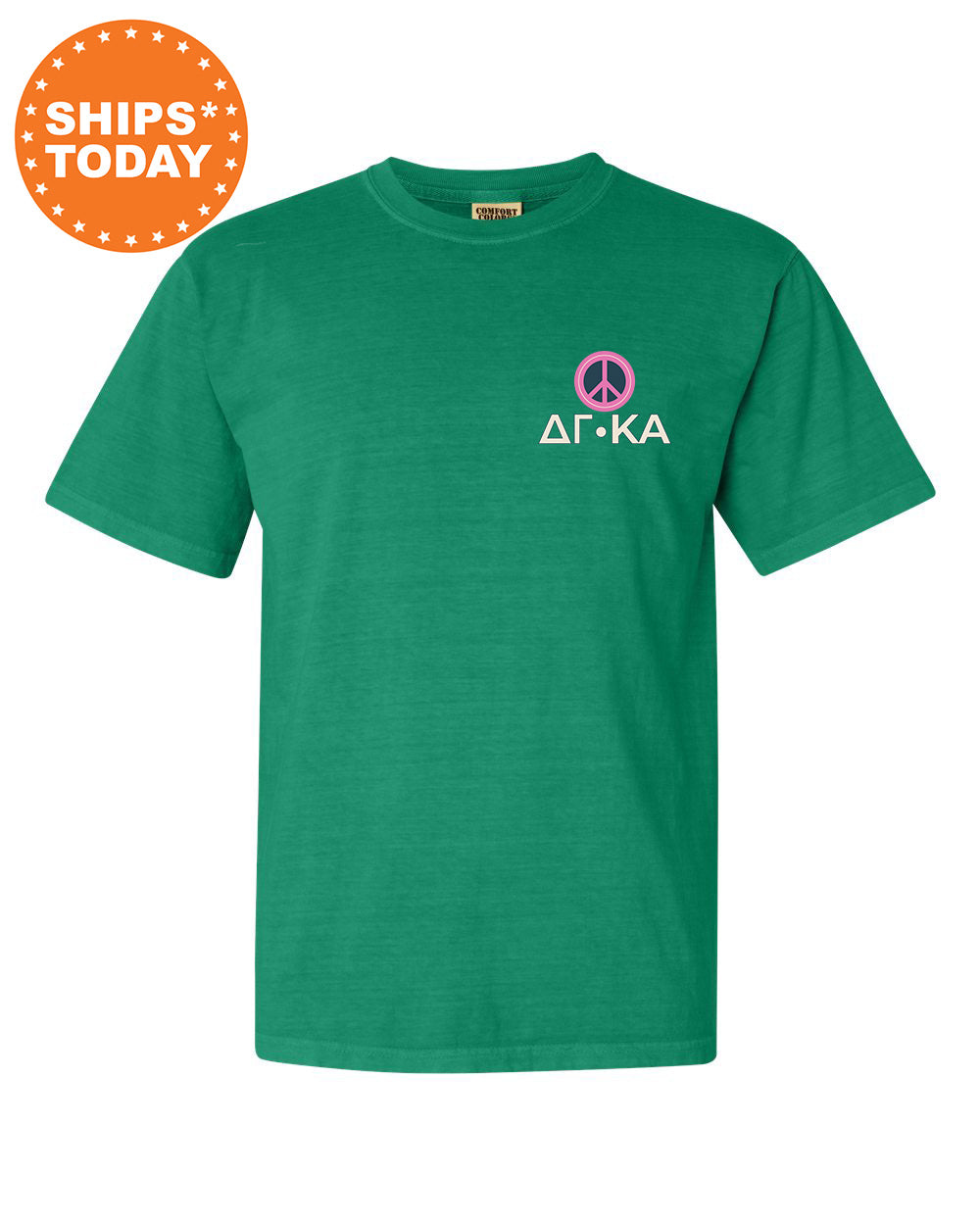 a green t - shirt with a peace sign on it