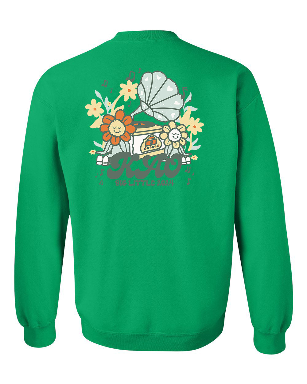 a green sweatshirt with an image of a piano and flowers