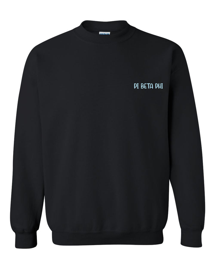 a black sweatshirt with a white logo on the chest