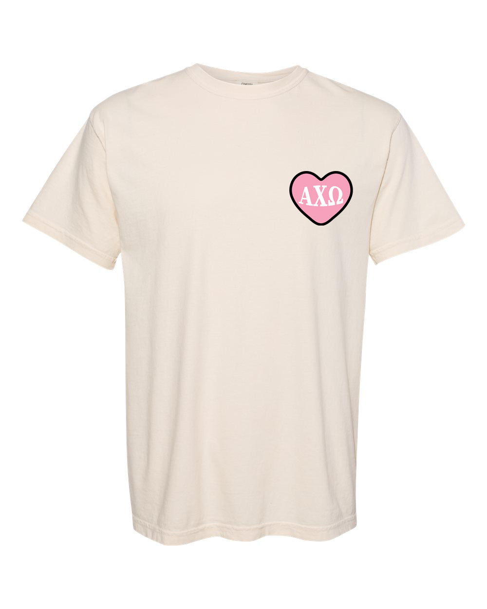 Alpha Chi Omega at Elon University | Heart Hugging Teddy Bear | With Love Alpha Chi | Pocket and Back Design | Comfort Colors Tee