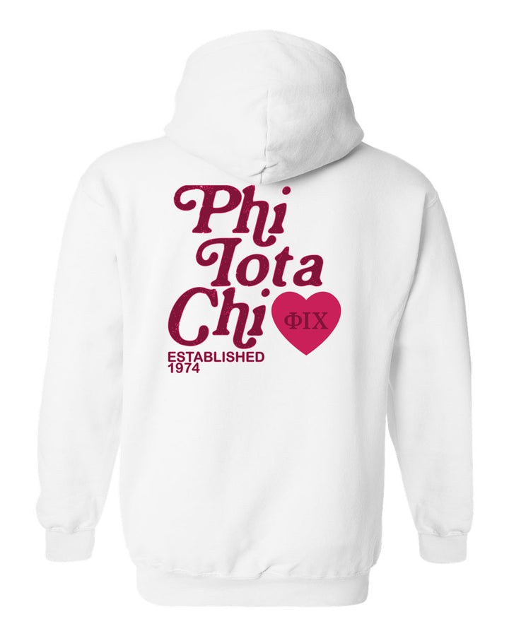 a white hoodie with the phrase phi tota chi on it