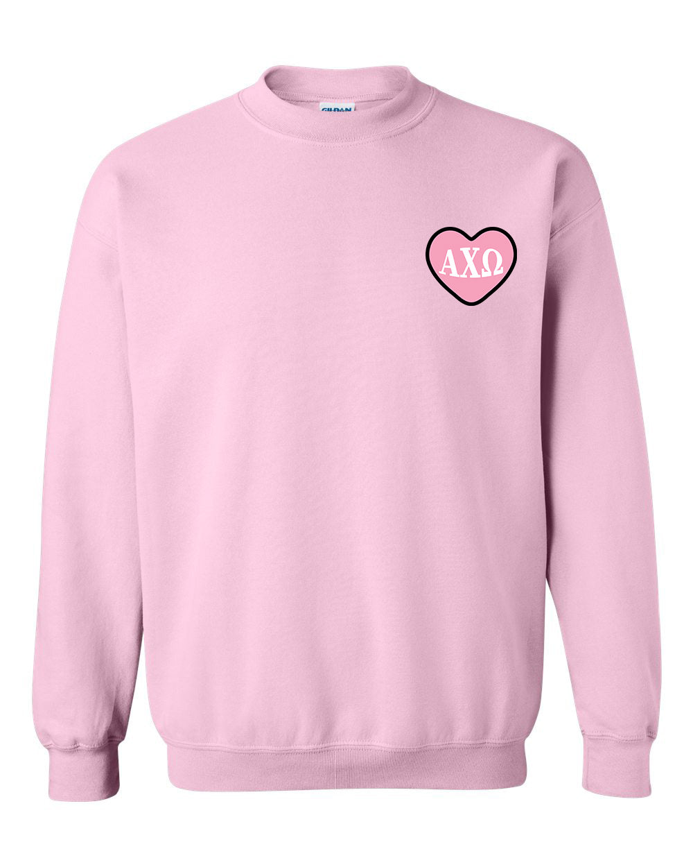 a pink sweatshirt with a heart on the chest