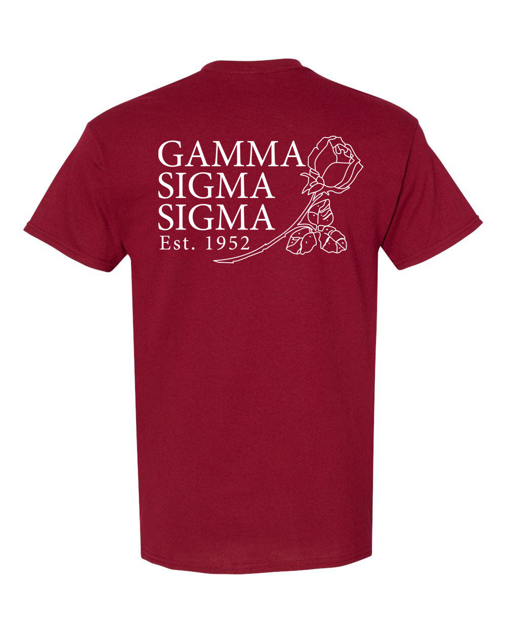 a red t - shirt with the words gamma sigmma on it