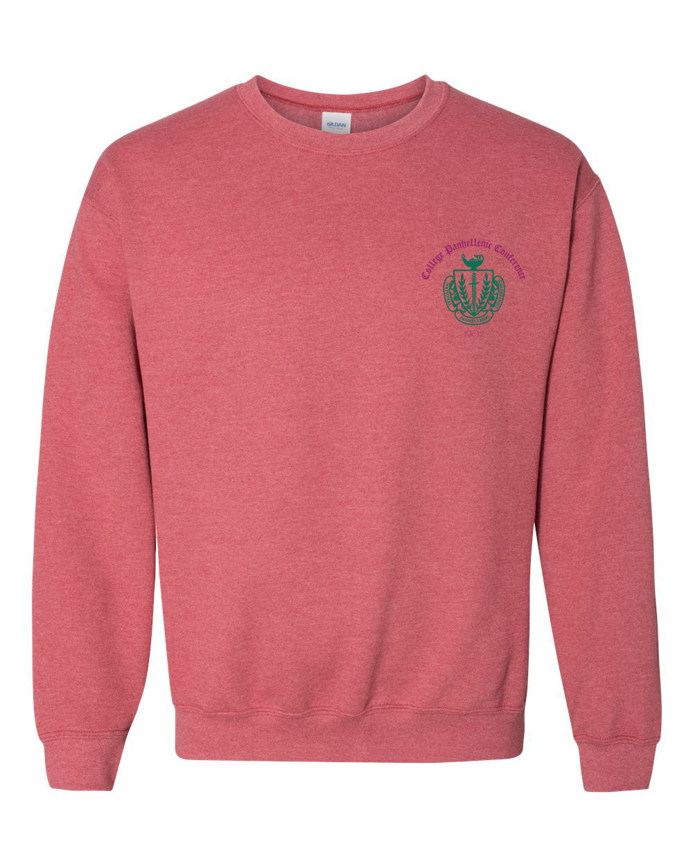 a red sweatshirt with a crest on the chest
