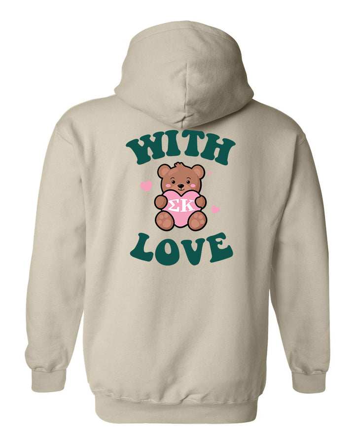 a white hoodie with the words with love on it