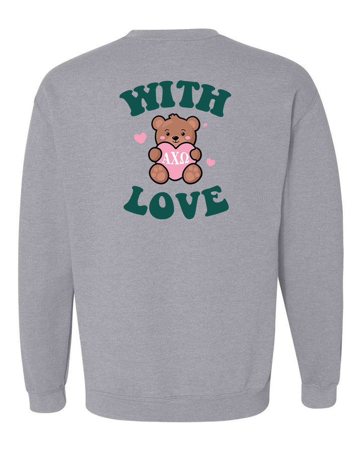 a grey sweatshirt with a teddy bear holding a pink heart