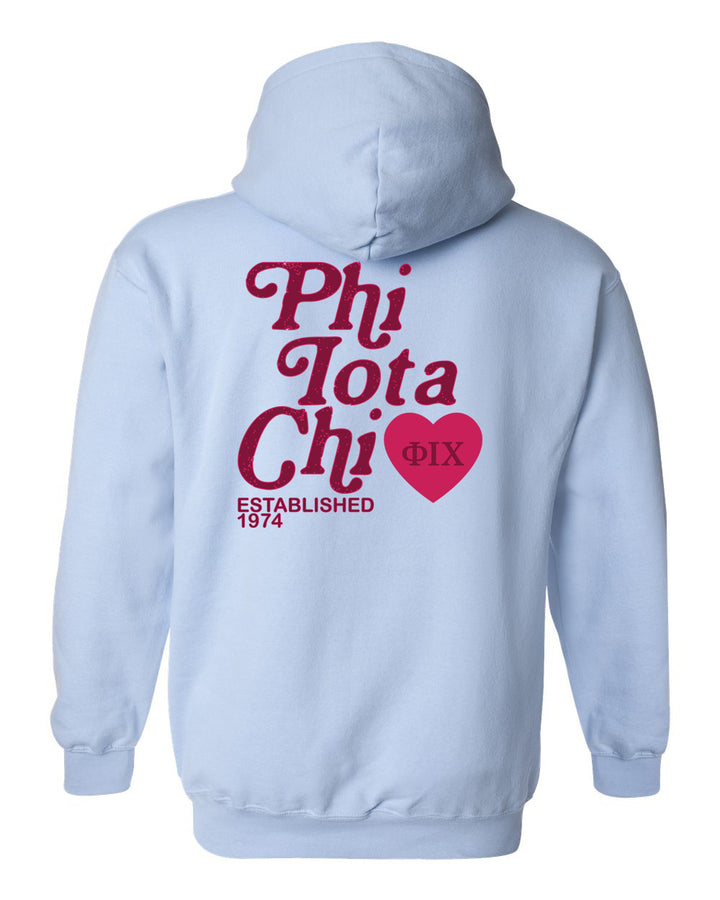 a white hoodie with the phrase phi tota chi chi on it