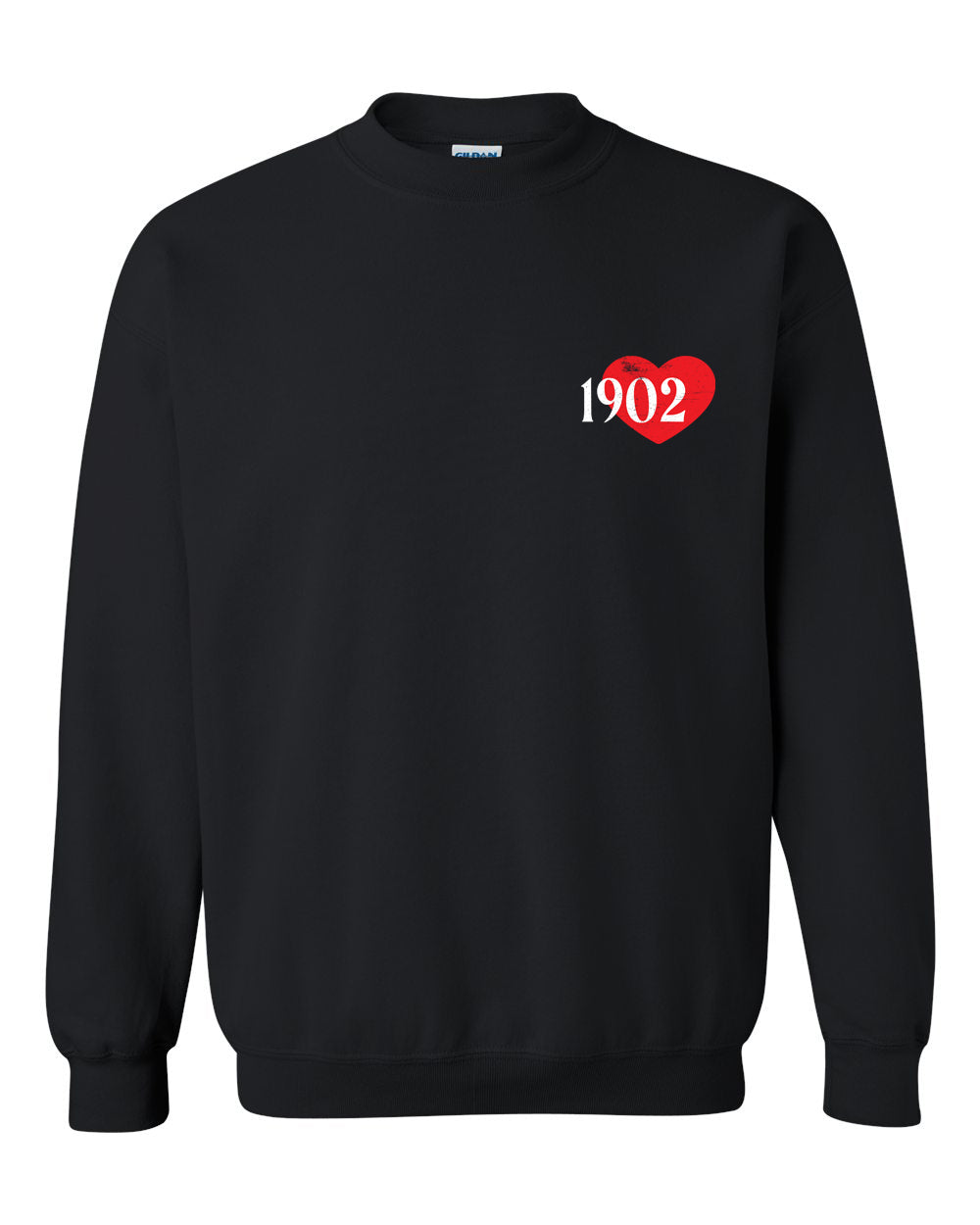 a black sweatshirt with a red heart on it