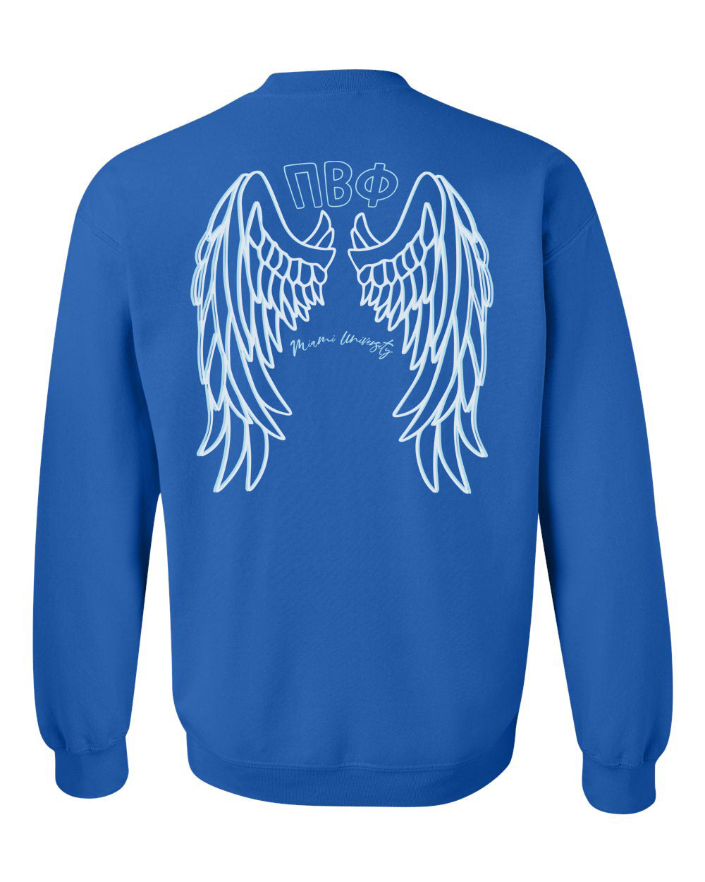 a blue sweatshirt with white wings on it