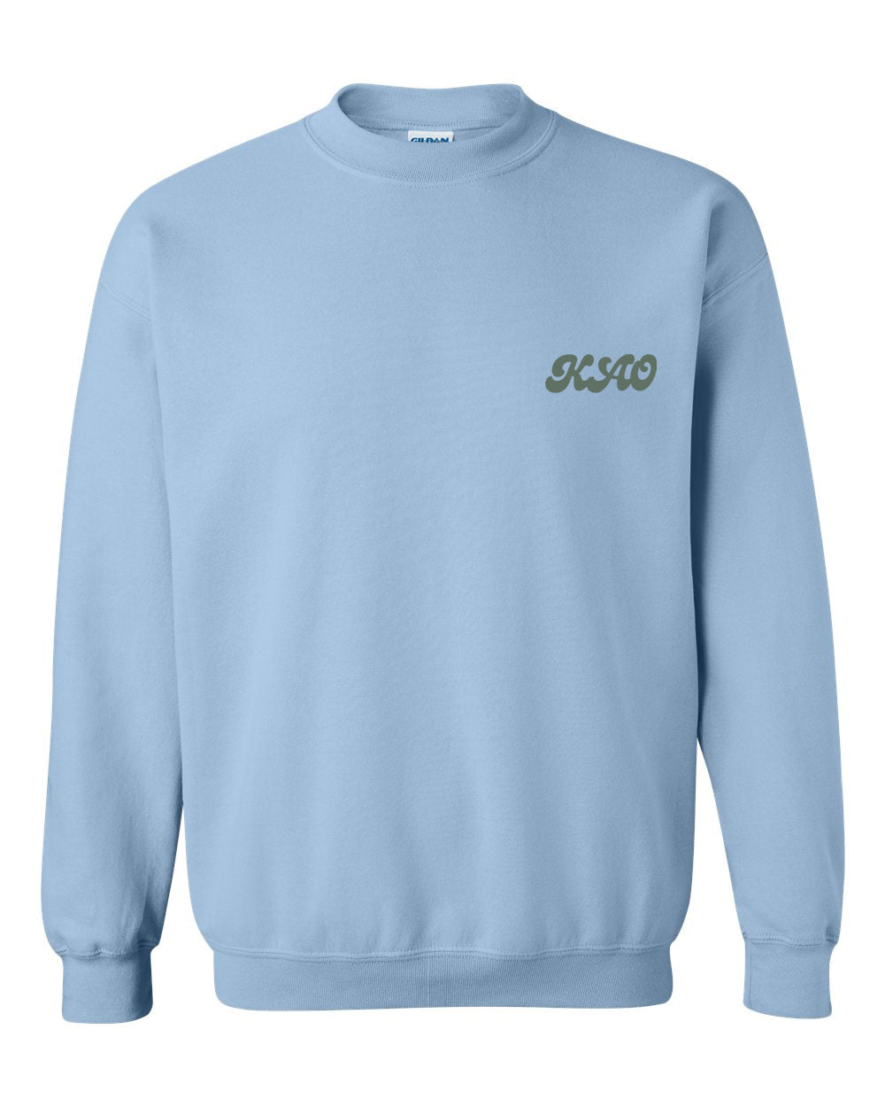 a light blue sweatshirt with a green logo