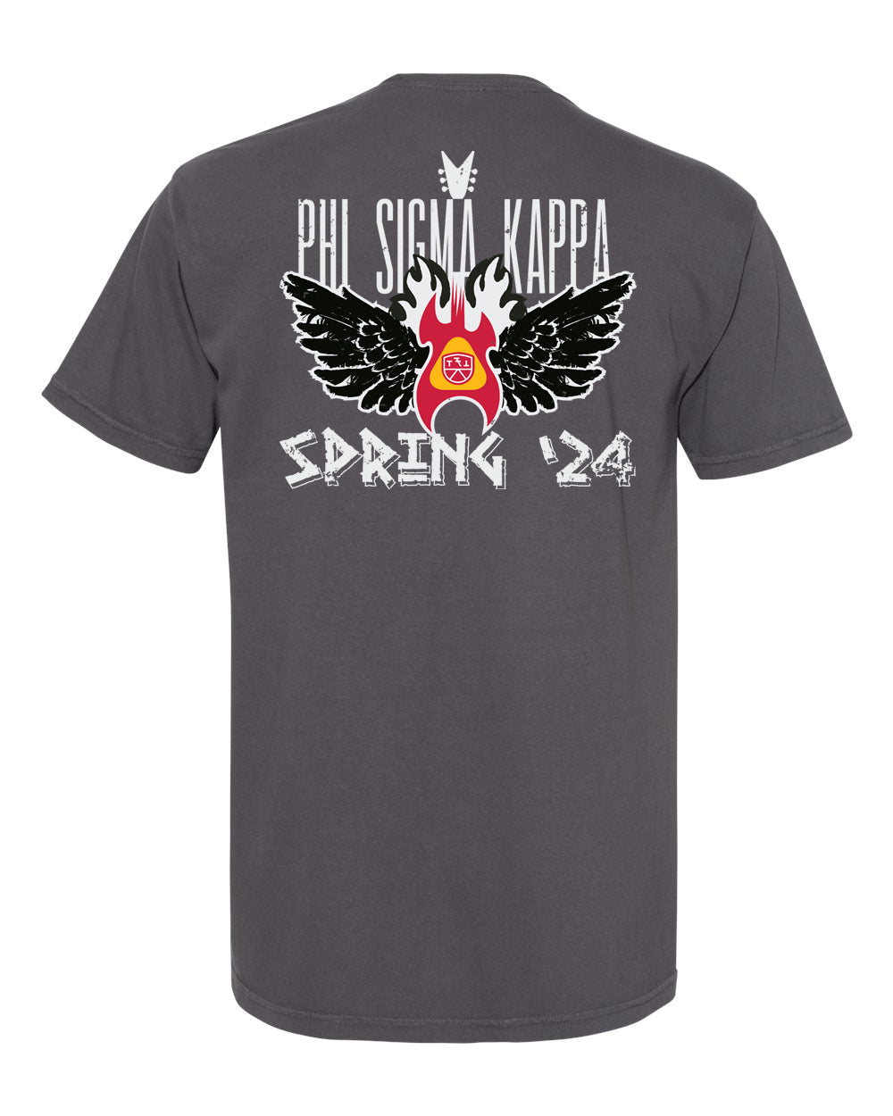 the back of a gray shirt with a red and black eagle on it