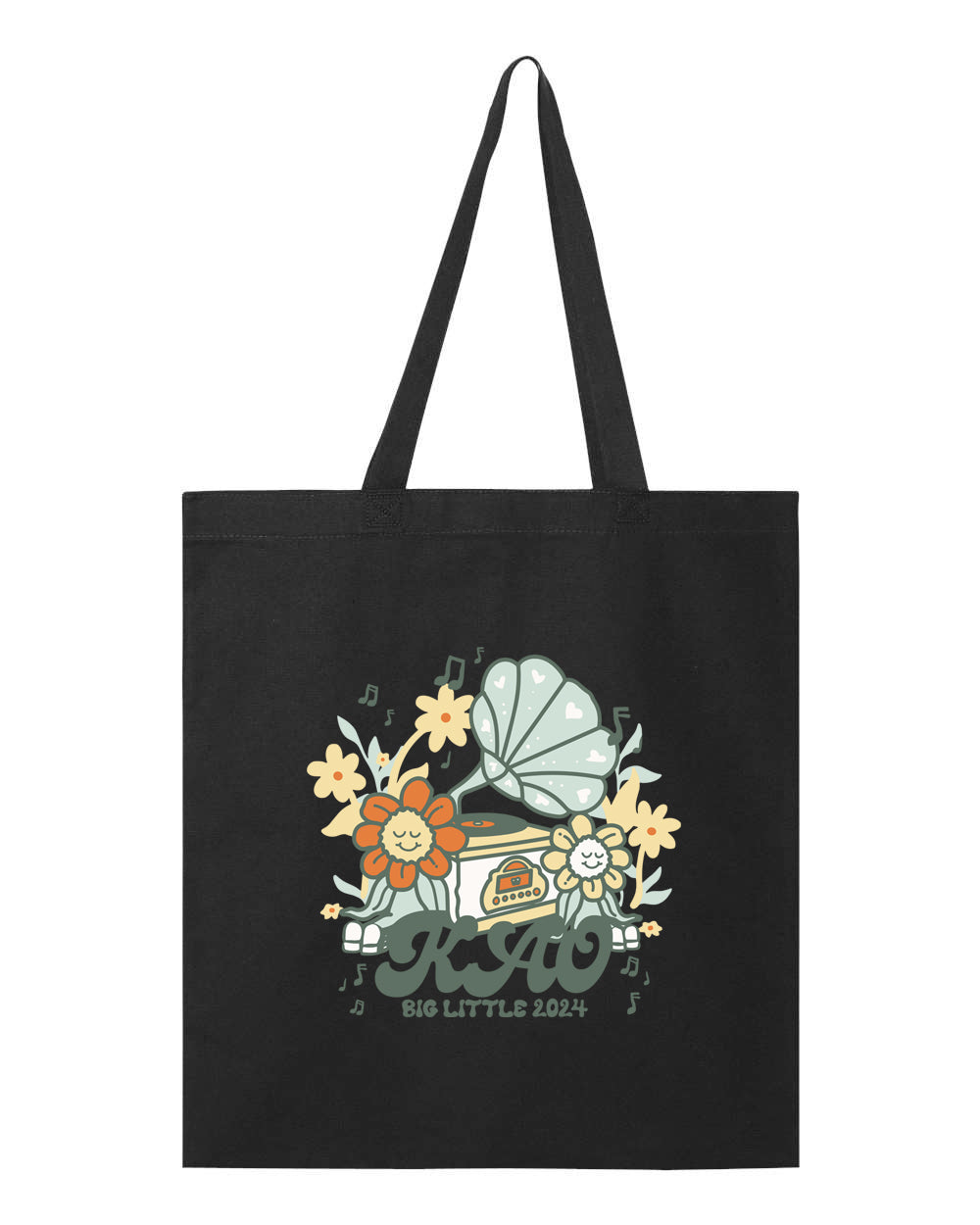 a black tote bag with an image of a baby carriage and flowers