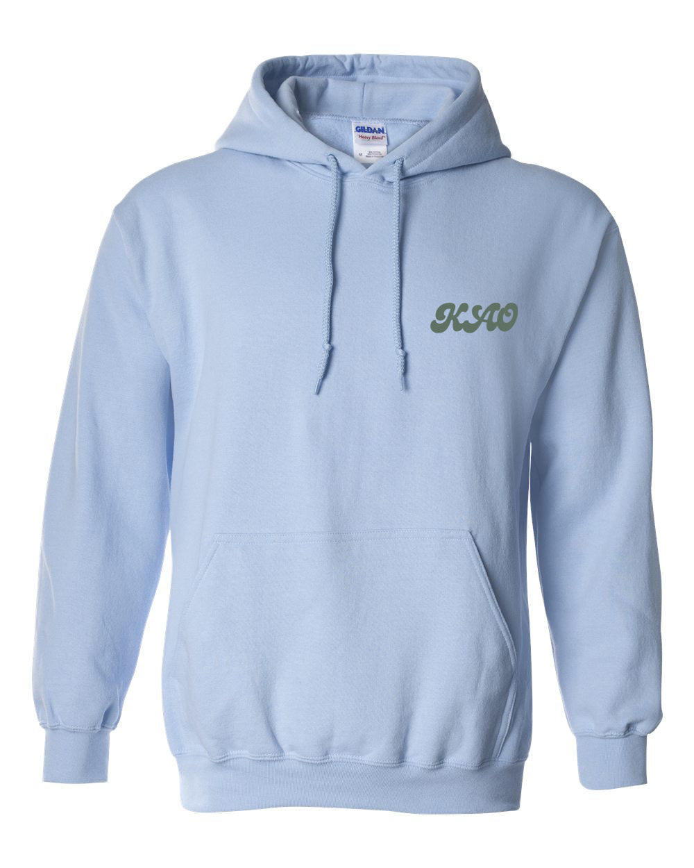 a light blue hoodie with a green logo