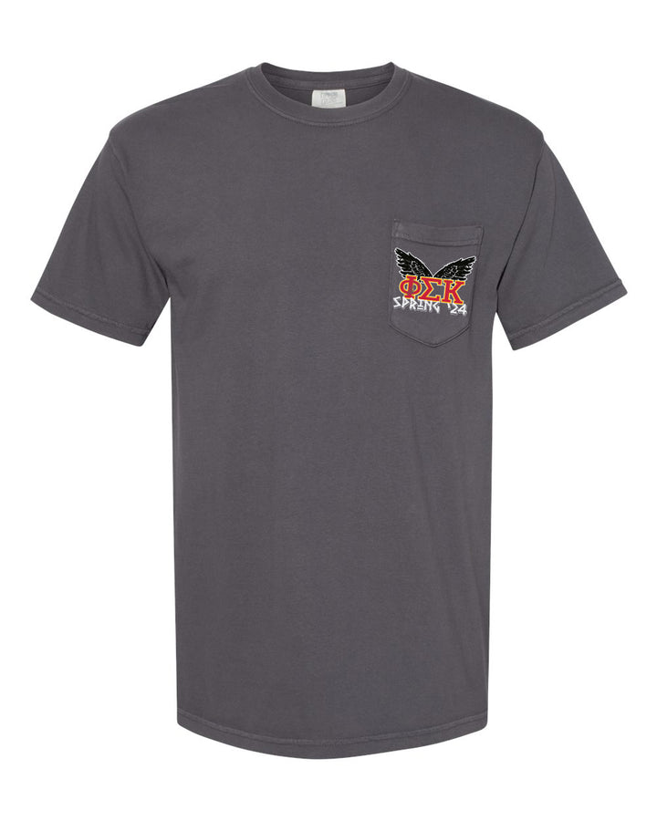 a grey t - shirt with a black and red butterfly on it