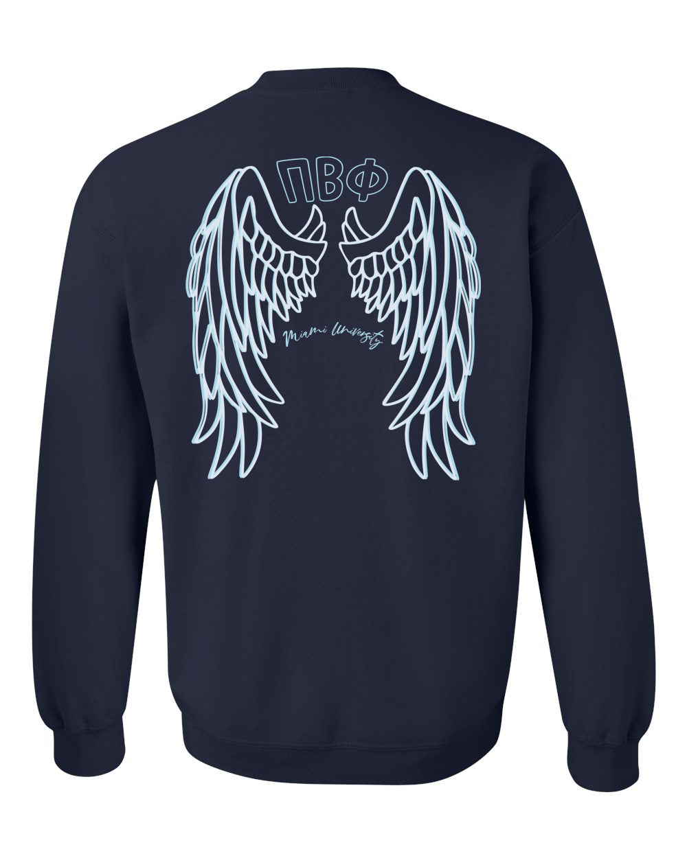 the back of a navy sweatshirt with white wings on it