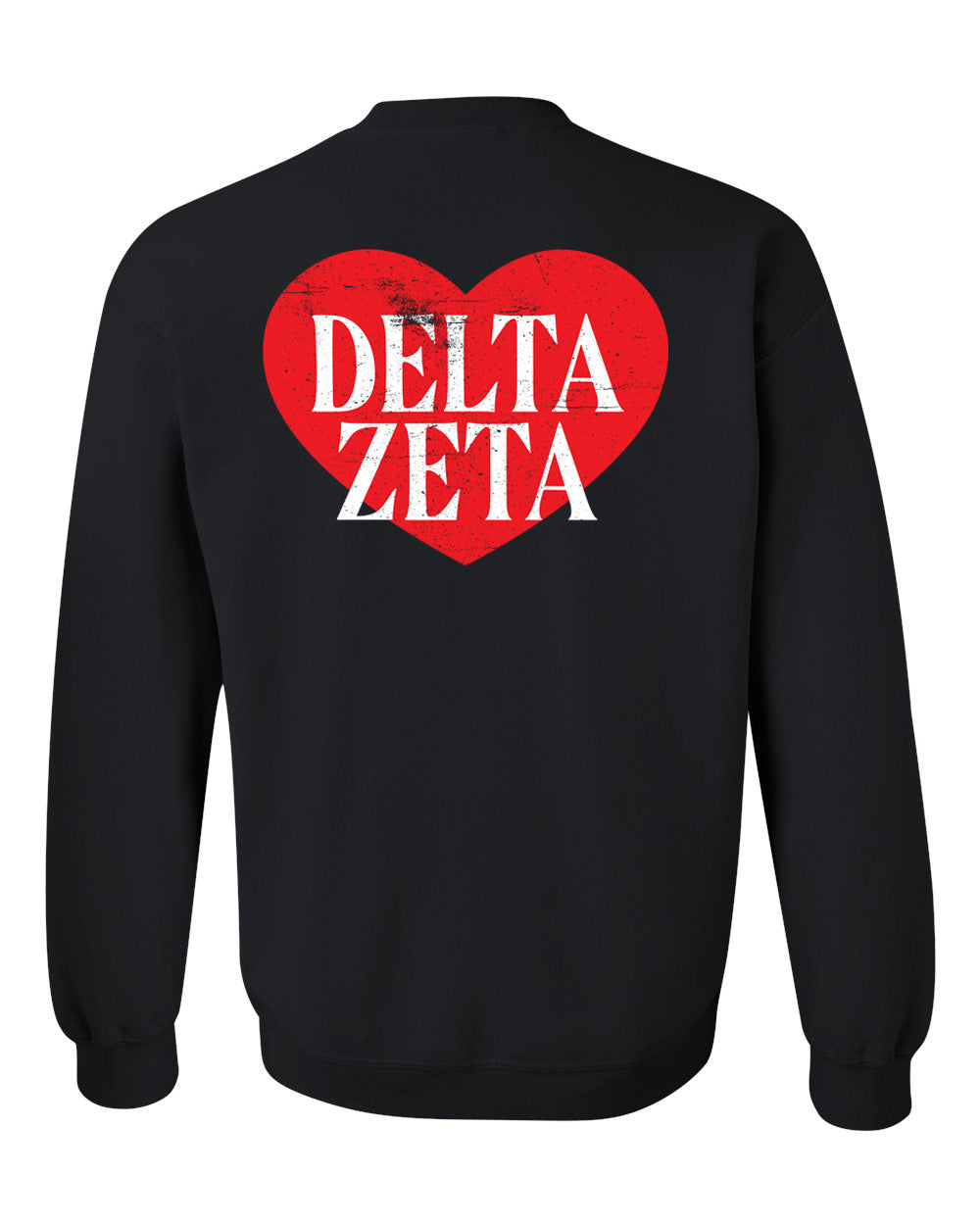 a black sweatshirt with a red heart that says delta zeta