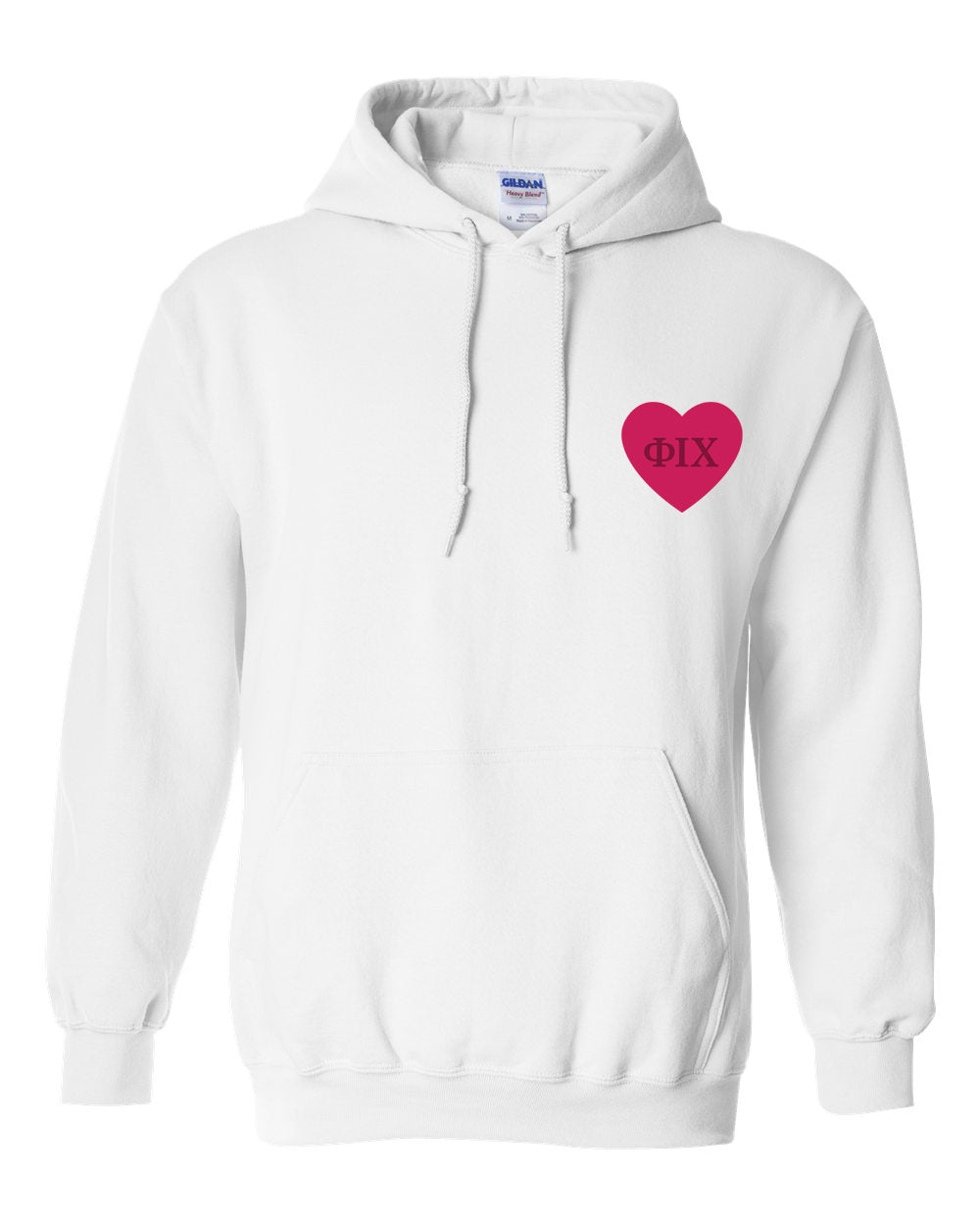 a white hoodie with a pink heart on it