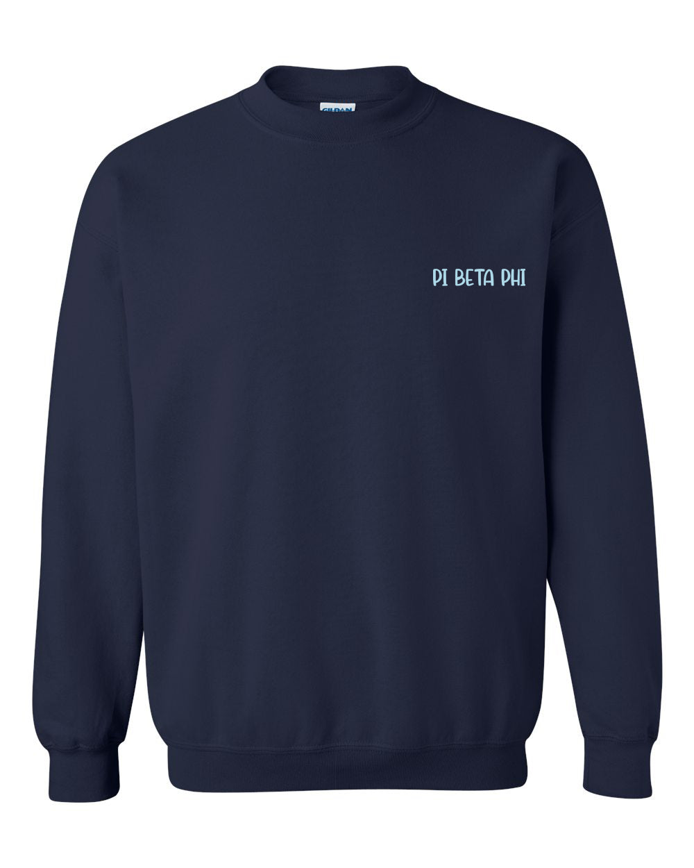 a navy sweatshirt with a white logo on the chest