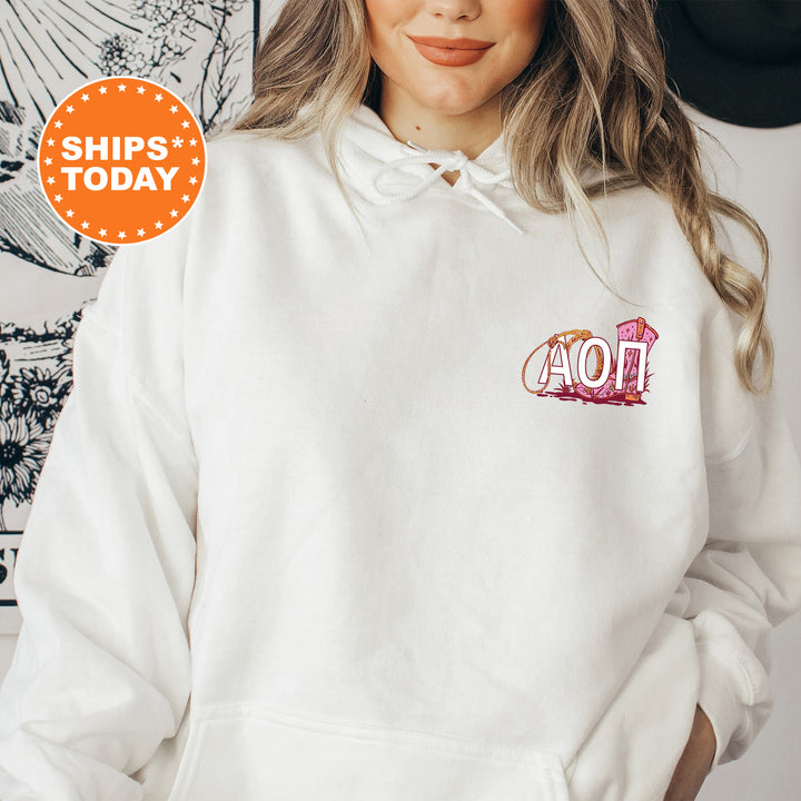 a woman wearing a white hoodie with the word ao1 on it