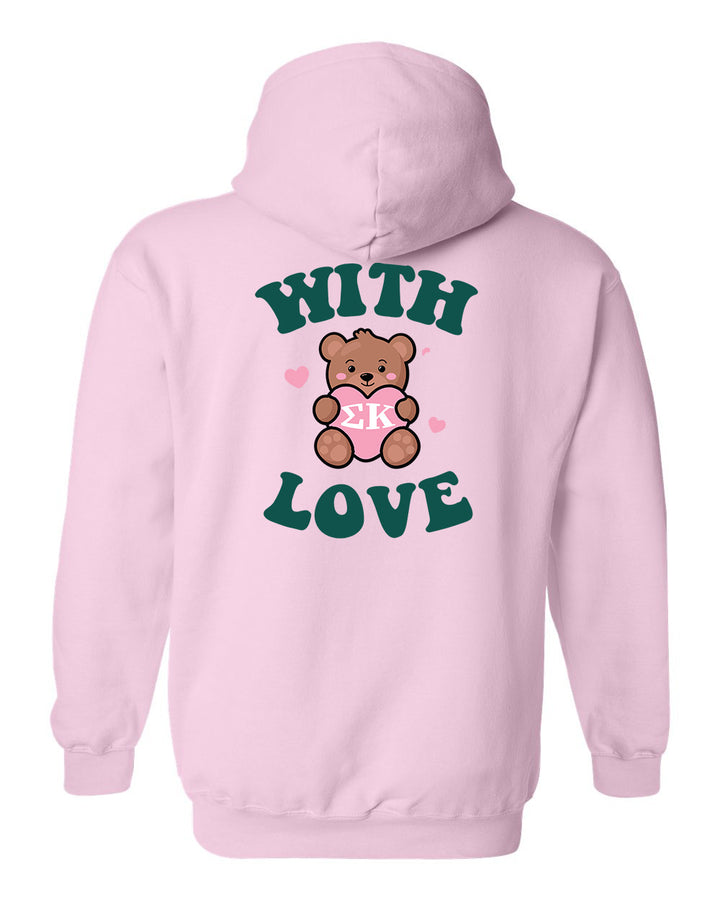 a pink hoodie with the words with love on it