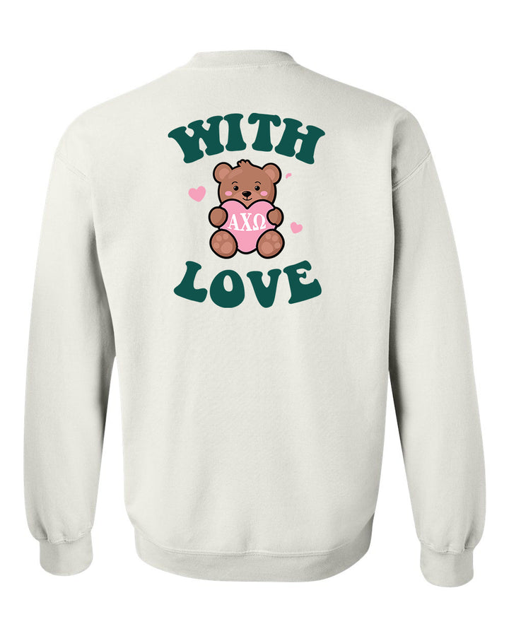 a white sweatshirt with a teddy bear holding a pink heart