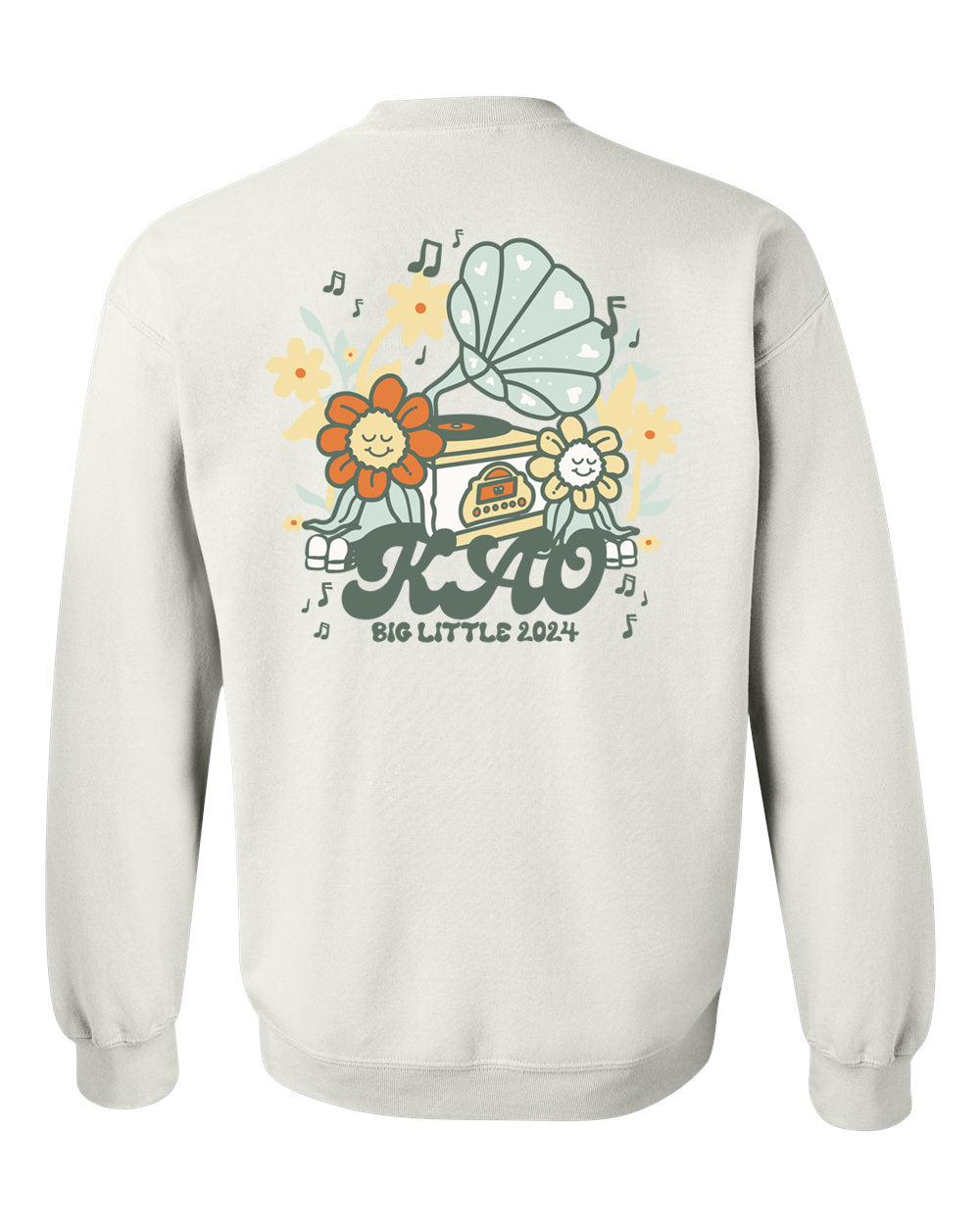 the back of a white sweatshirt with an image of a piano and flowers on it