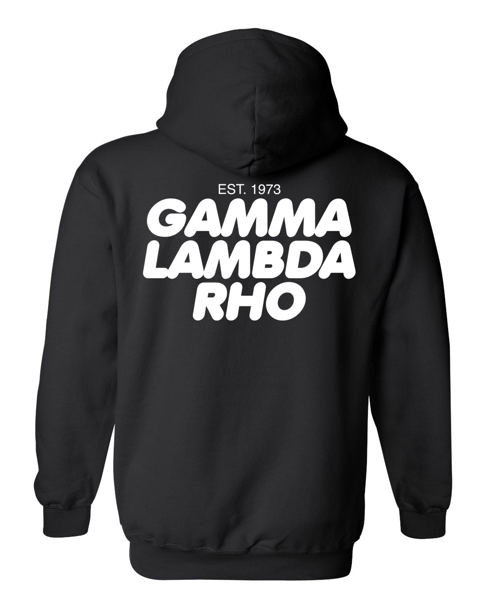 a black hoodie with the words gama lambda rho printed on it
