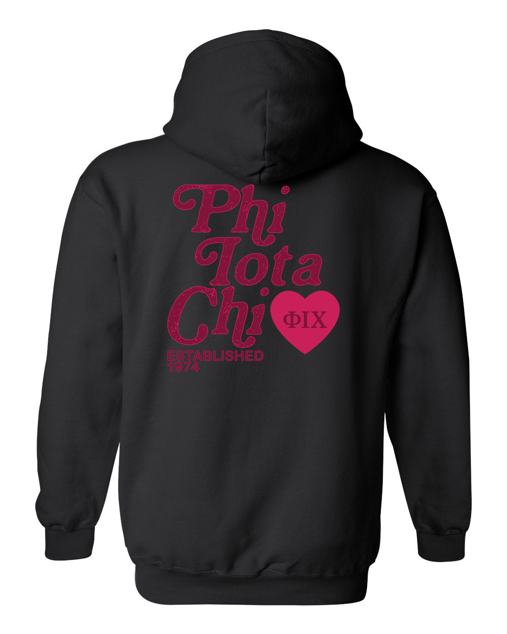 a black hoodie with a pink heart on it