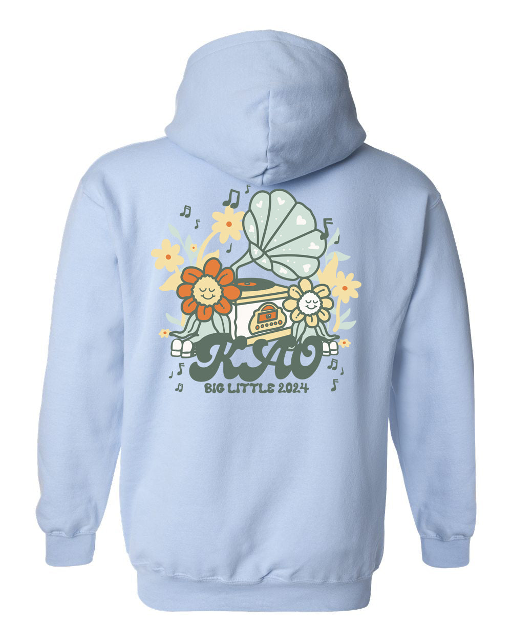 a light blue hoodie with an image of a flower and a radio on it