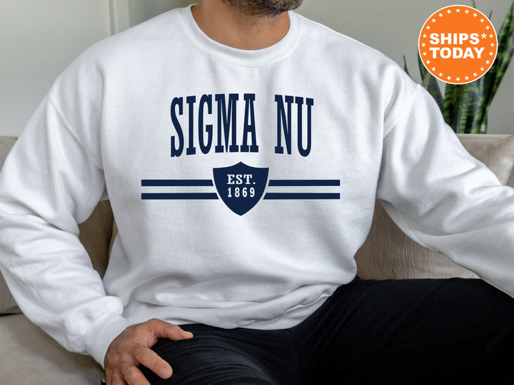 Sigma Nu Striped Shield Fraternity Sweatshirt | Sigma Nu Hoodie | Greek Apparel | Fraternity Initiation | Fraternity Bid Day Gift _ 5915g