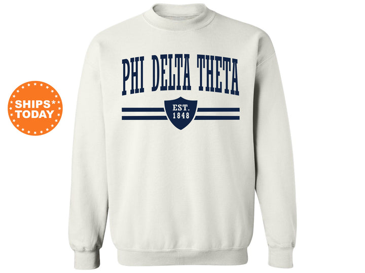 Phi Delta Theta Striped Shield Fraternity Sweatshirt | Phi Delt Hoodie | Vintage Sweatshirt | Fraternity Recruitment | Bid Day Gifts _ 5906g