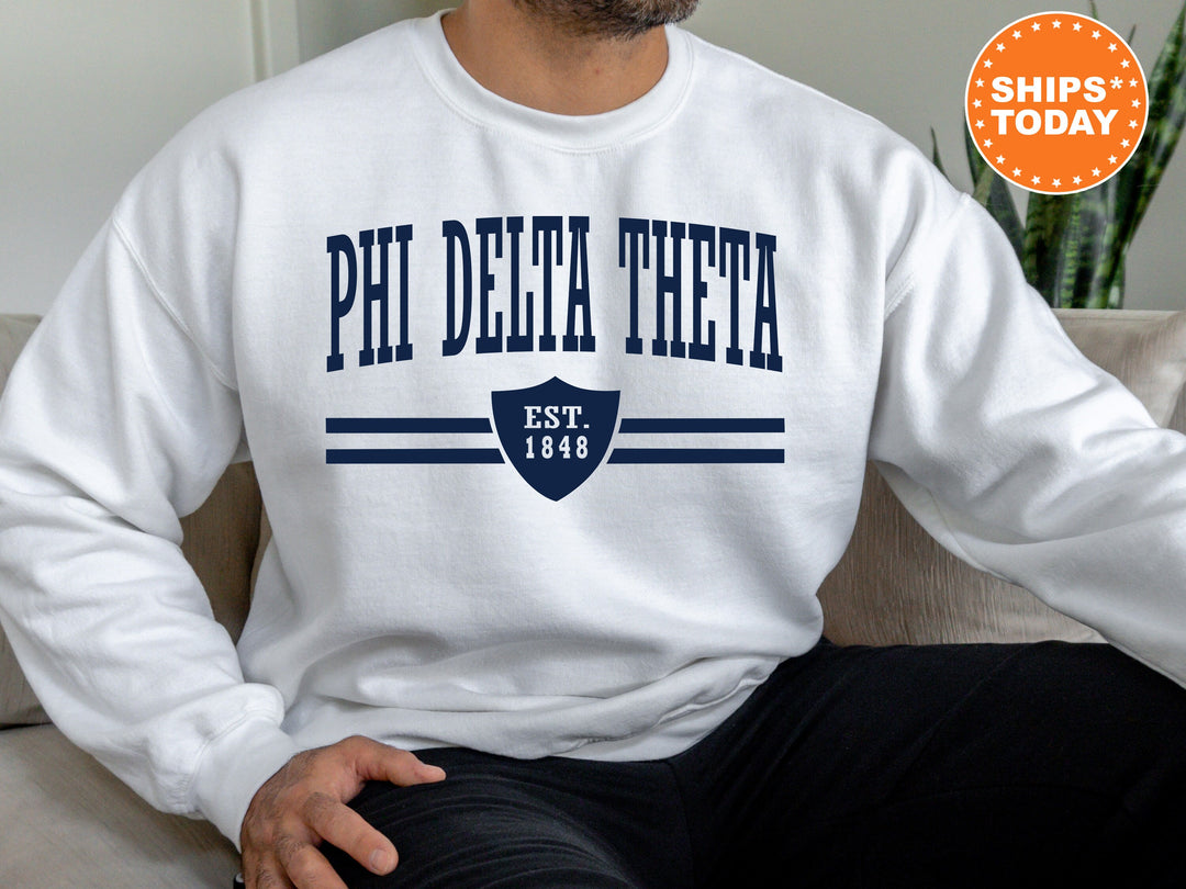 Phi Delta Theta Striped Shield Fraternity Sweatshirt | Phi Delt Hoodie | Vintage Sweatshirt | Fraternity Recruitment | Bid Day Gifts _ 5906g