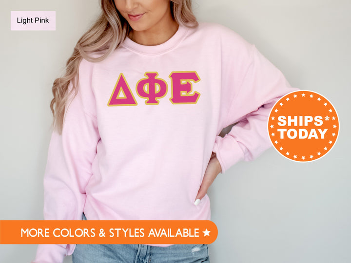 Delta Phi Epsilon Pink and Gold Sorority Sweatshirt | Delta Phi Epsilon Sweatshirt | DPHIE Greek Letters | DPHIE Merch | Big Little