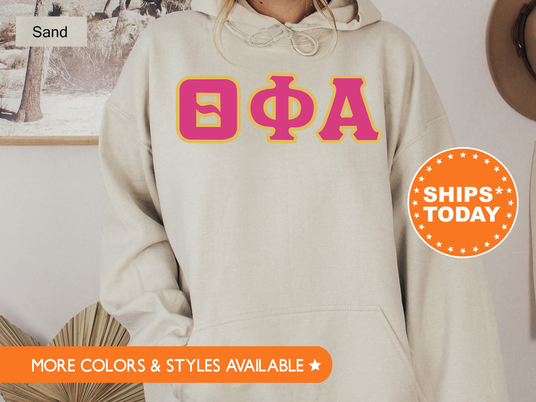 Theta Phi Alpha Pink and Gold Sorority Sweatshirt | Theta Phi Alpha Sweatshirt | Theta Phi Greek Letters Hoodie | Big Little Reveal