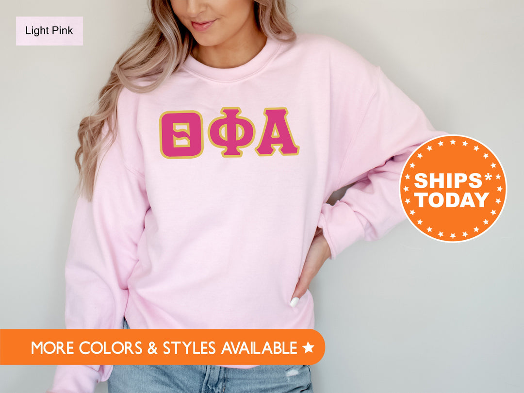 Theta Phi Alpha Pink and Gold Sorority Sweatshirt | Theta Phi Alpha Sweatshirt | Theta Phi Greek Letters Hoodie | Big Little Reveal