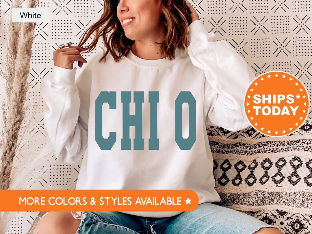 Chi Omega Bold Aqua Sorority Sweatshirt | Chi O Sorority Letters Crewneck | Sorority Merch | Big Little Reveal Gifts | Bid Day Basket