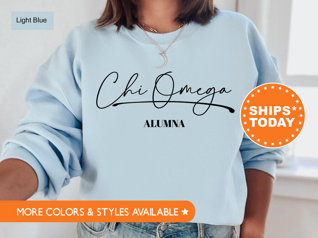 Chi Omega Alumna Cursive Sorority Sweatshirt | Chi O Alumni Sweatshirt | Sorority Alumna Crewneck | College Greek Apparel  _ 7263g