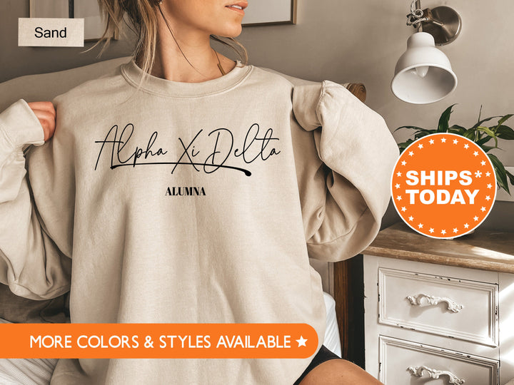 Alpha Xi Delta Alumna Cursive Sorority Sweatshirt | AXID Alumni Sweatshirt | Sorority Alumna Crewneck | Alpha Xi Greek Apparel _ 7262g