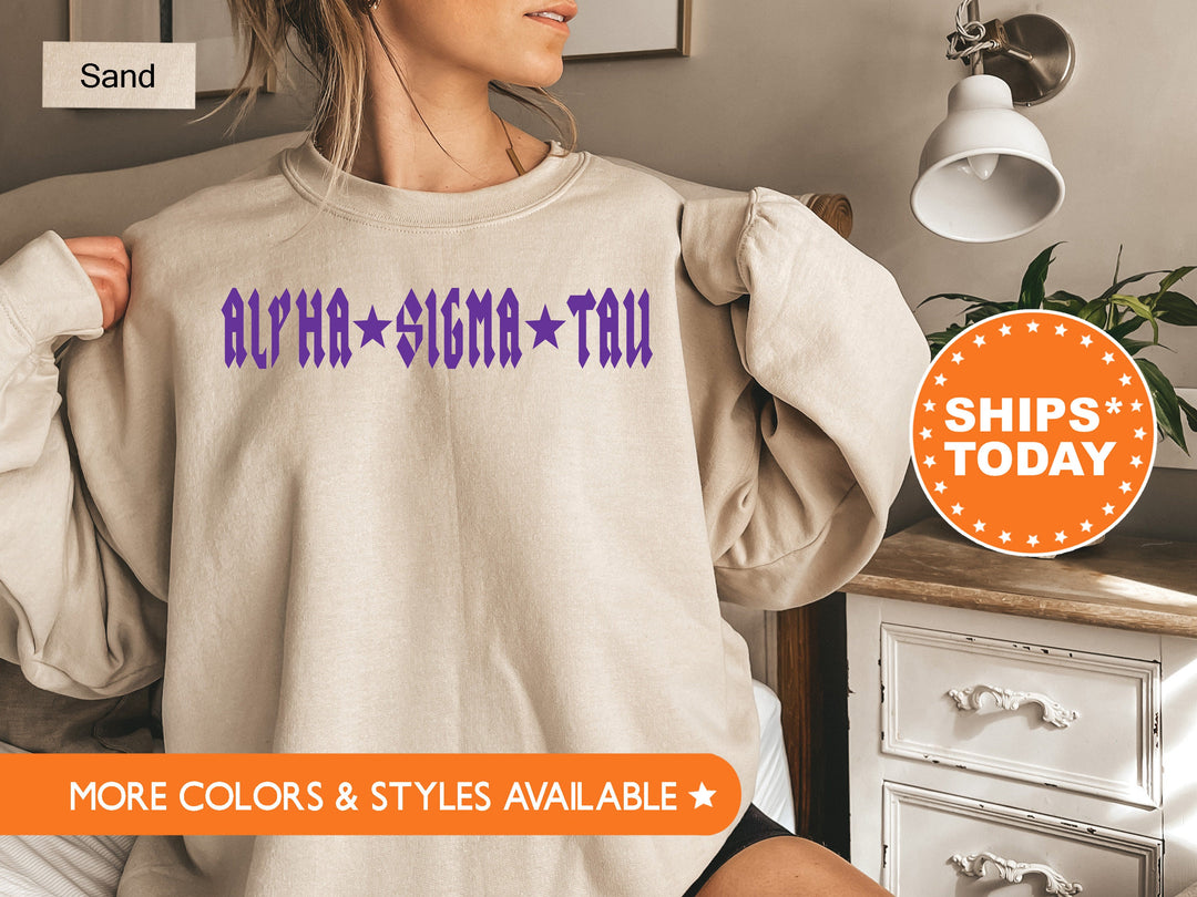 Alpha Sigma Tau Rock N Roll Sorority Sweatshirt | AST Greek Sweatshirt | Sorority Merch | Big Little Sorority Gift | College Apparel _ 5592g