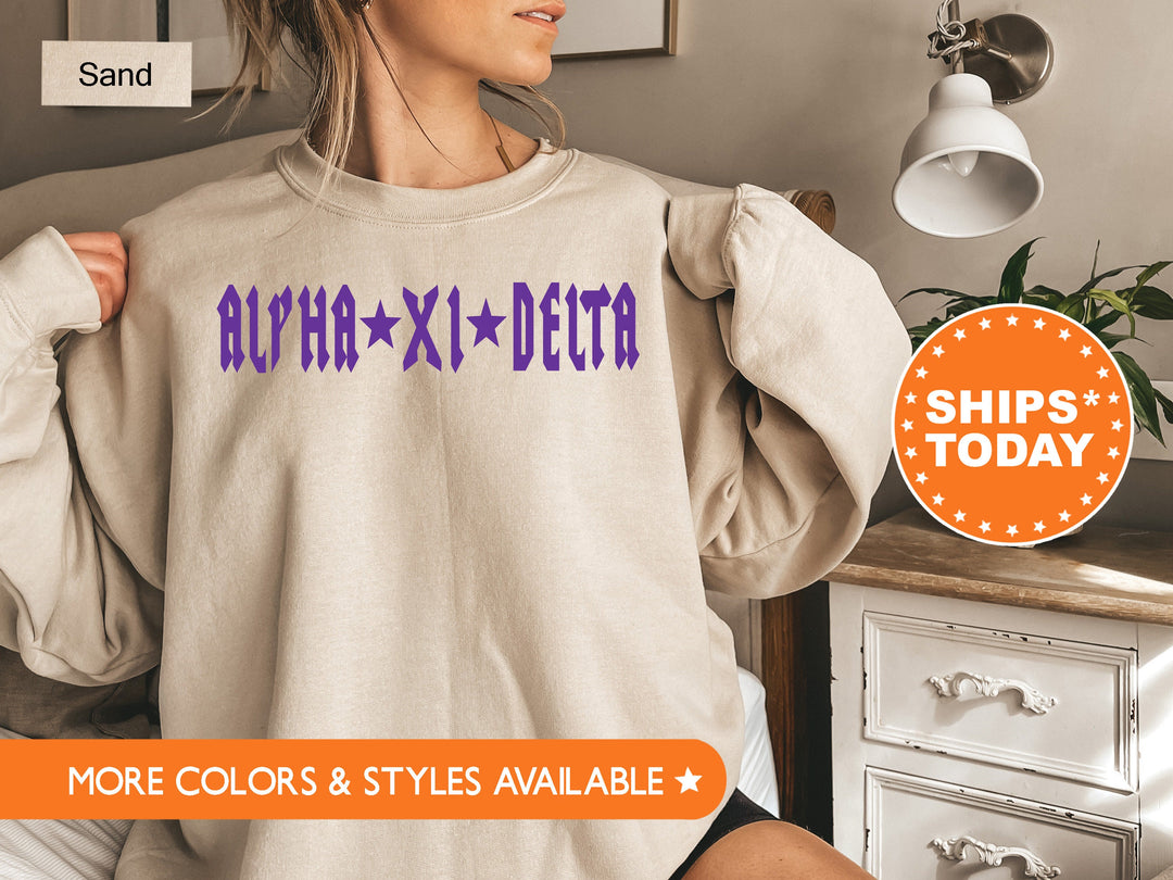 Alpha Xi Delta Rock N Roll Sorority Sweatshirt | AXID Greek Sweatshirt | Sorority Merch | Alpha Xi Big Little Gift | College Apparel _ 5593g