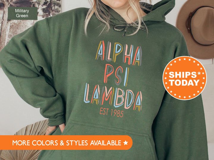 Alpha Psi Lambda Pastel Stencil Coed Sweatshirt | APsi Sweatshirt | Coed Fraternity Hoodie | Bid Day Gift | College Greek Apparel _ 8833g
