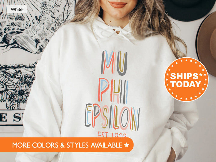 Mu Phi Epsilon Pastel Stencil Coed Sweatshirt | Mu Phi Epsilon Sweatshirt | Coed Fraternity Hoodie | Greek Apparel | Bid Day Gift _ 8838g