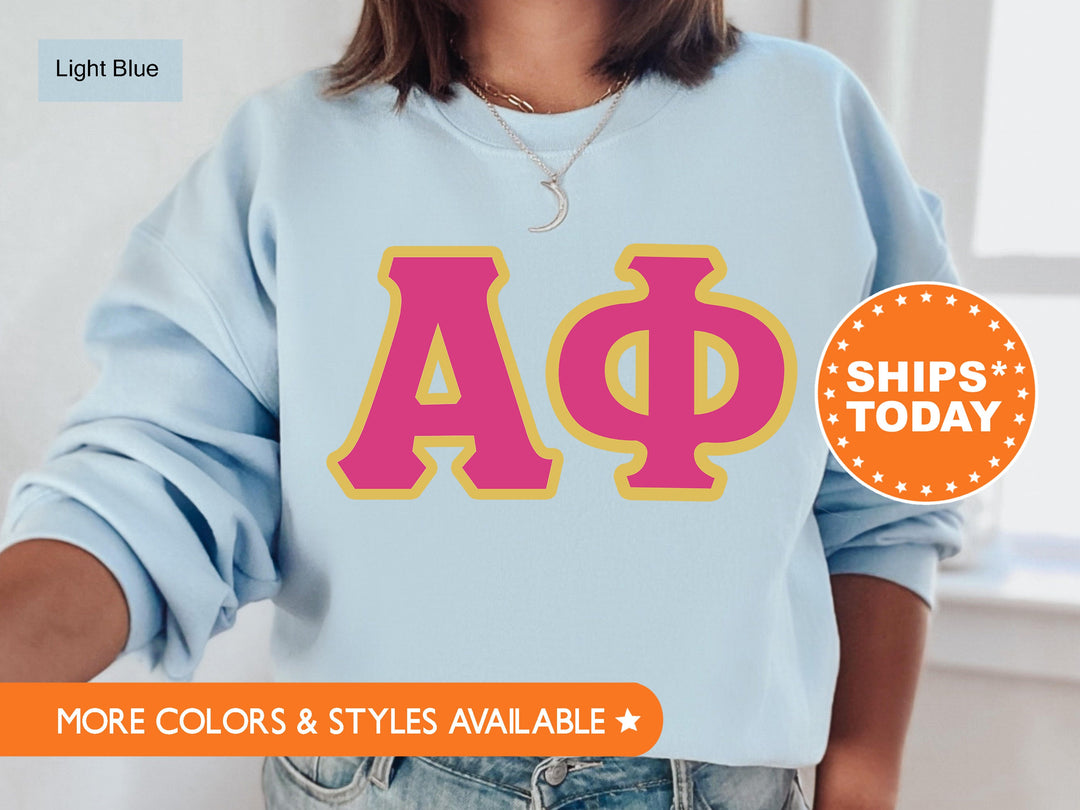 Alpha Phi Pink and Gold Sorority Sweatshirt | Alpha Phi Sweatshirt | APHI Greek Letters | Alpha Phi Hoodie | Big Little Reveal Gift 5265g