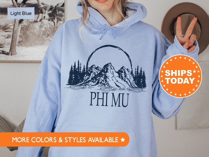 Phi Mu Summer Mountain Sorority Sweatshirt | Phi Mu Merch | Greek Apparel | Bid Day Basket | Big Little Reveal | Sorority Hoodie _ 5803g