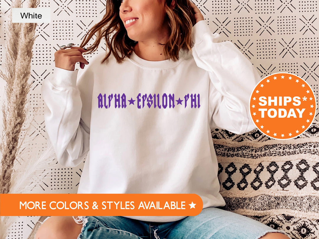 Alpha Epsilon Phi Rock N Roll Sorority Sweatshirt | AEPHI Greek Sweatshirt | Sorority Merch | Big Little Gift | College Apparel _ 5587g